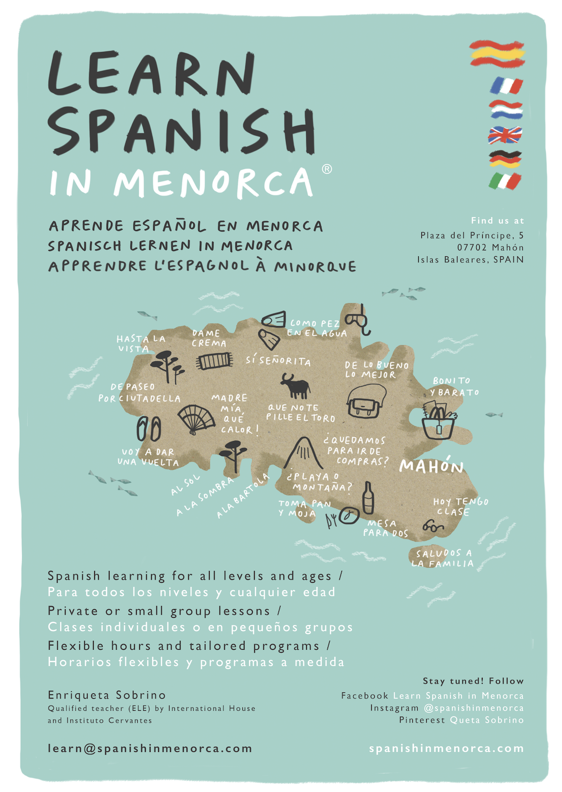 learn spanish in menorca school poster map icons expressions 2018
